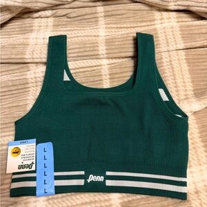 A Penny Short Green Ribbed Athletic Sports Bra with White Stripes